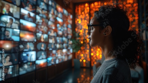 Woman wearing glasses looking intently at multiple screens with images in a dimly lit room, representing technology and information overload.