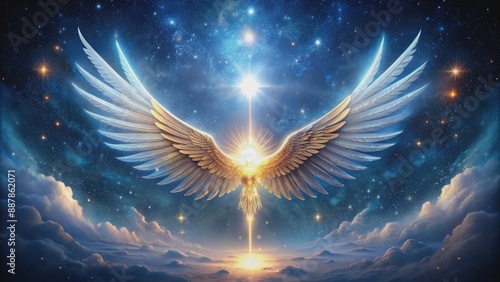 Majestic wingspan illuminated against a starry night sky, a divine messenger's arms outstretched, symbolizing hope, guidance, and spiritual connection with the celestial realm.