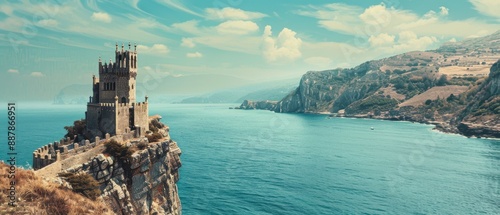 A castle is perched on a cliff overlooking the ocean