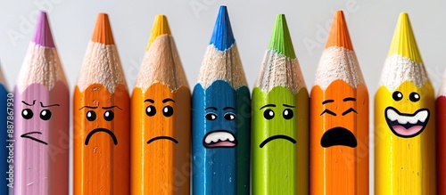 Colorful wooden pencils with expressive faces display various emotions in the copy space image