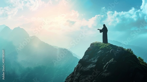 Silhouette of jesus preaching sermon on mountain top biblical gospel teaching ministry