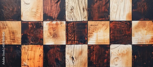 A wooden checkerboard seen from above on a white backdrop with space for adding elements in the image. with copy space image. Place for adding text or design