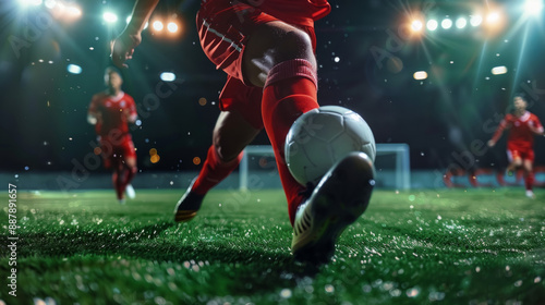 A close-up shot of a soccer player's foot connecting with the ball during a night game. The player is in mid-kick, with the ball about to be launched towards the goal