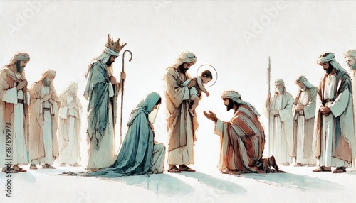 Three Wise Men worshiped baby Jesus and gave him gifts of gold, frankincense, and myrrh, Matthew 2. Digital painting.