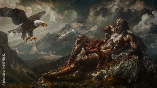 Prometheus chained to a rock next to an eagle pecking his liver