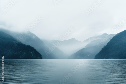 Sea ripple water in misty morning. Norwegian landscape with thick fog on beautiful mountain lake. Nature, ecology, eco tourism. Travel and vacation concept