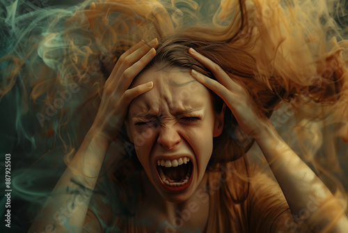 An angry and depressed woman holding her head with her hands, screaming in distress.