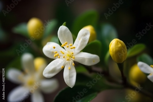 a white flower with yellow dots on a branch