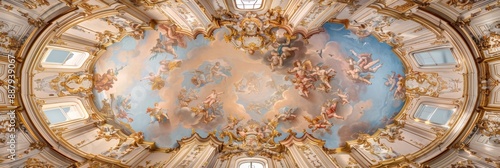 Rococo-style ceiling with pastel frescoes and gold leaf depicting angels and clouds for a timeless display of elegance and beauty