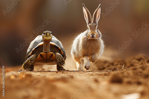 A tortoise confidently leading in a race against a hare, symbolizing strategy and leadership. The tortoise's determined expression contrasts with the hare's surprised look, showcasing the triumph of s