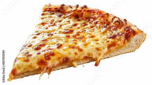 Delicious cheese pizza slice with melted mozzarella on white background