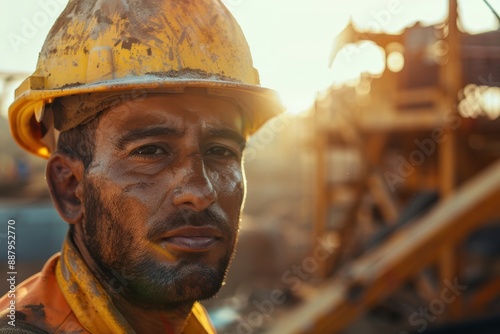 A sweaty worker, illuminated by the sunrise at a construction site, conveys the essence of early morning toil, commitment, and the beginning of a laborious workday.