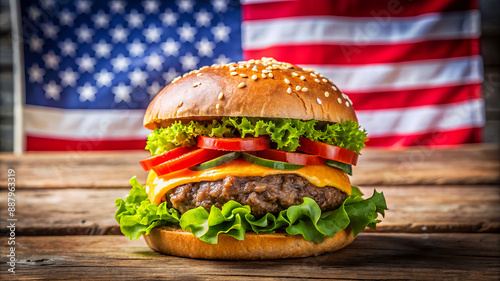 All-American cheeseburger with lettuce, tomato, onion, and pickles on a sesame seed bun with a side of fries