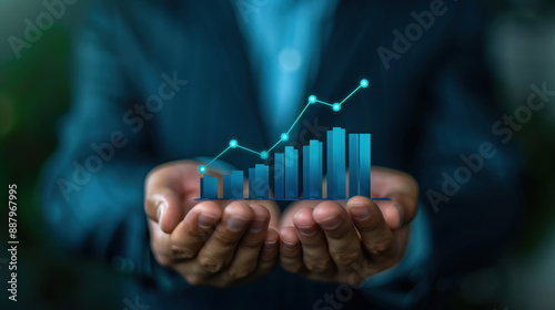 A businessman holding a digital graph with a growth trend, symbolizing business success and financial growth.