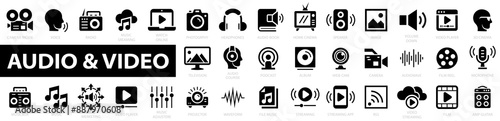 Audio and video web icons set. Flat icon collection set. Pack of camera movie, voice, radio, music streaming, photography, headphones, cinema, podcast and more. Vector illustration