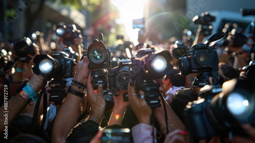 Large crowd of photographers holding up cameras, capturing an event with bright flashes in an outdoor setting.