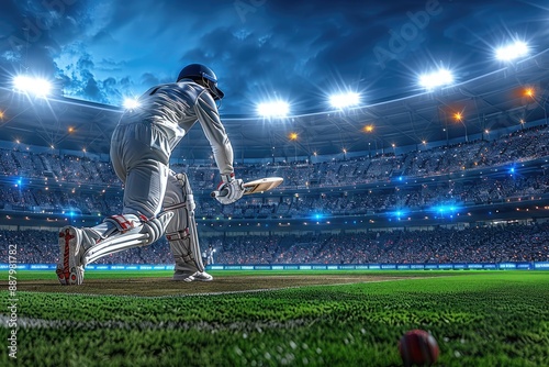 Cricketer playing under stadium lights during a night match