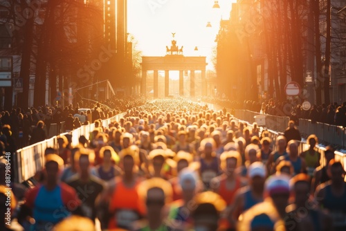 Full-Body Shot of Runners at the Starting Line of the Berlin Marathon with Brandenburg Gate in the Background, Golden Hour