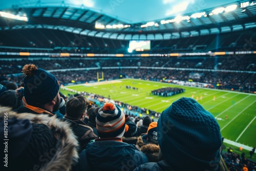 Medium Shot of a Generic American Football Game at Tottenham Hotspur Stadium, London, with Fans in the Stands and Evening Light