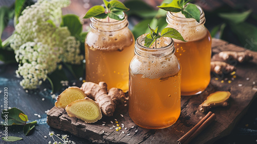 Fermented Kombucha with Cinnamon and Ginger and Natural Elderberry Probiotic Drink