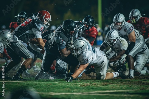 Nighttime football play with intense focus and effort