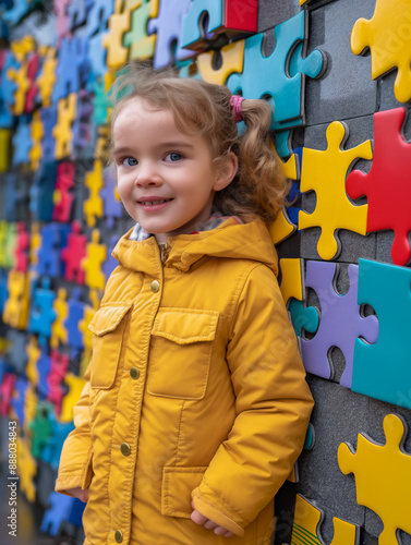 Little girl standing in front of colorful puzzle wall, Autism awareness and treatment, copy space