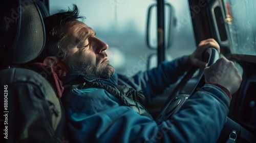 Exhausted and tired truck driver sleeping behind the steering wheel. Fatigue after long night hour shifts that are a part of his routine driving. Unhealthy lifestyle of job with long hours on road. 