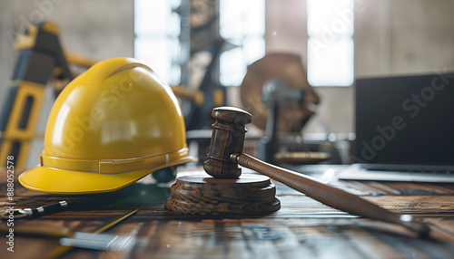 Judge's hammer and helmet Law and Justice about labor law concept Construction law.