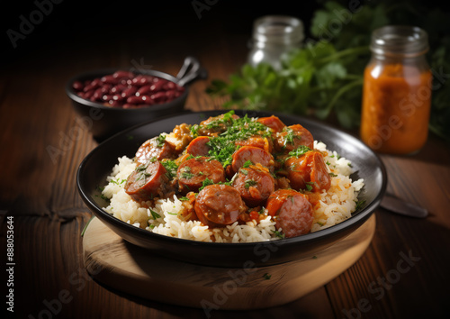 Rougail saucisse, saucisses cuisiné à la tomate servi avec du riz et des haricots rouges, plat créole