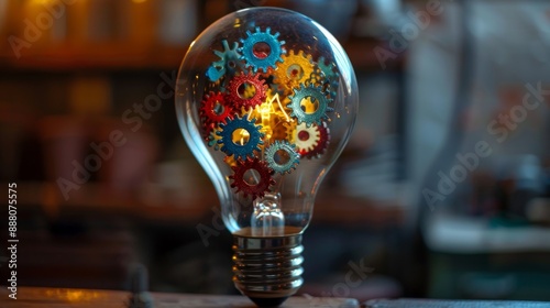 light bulb with colorful gears and cogs inside, representing the concept of creativity and thinking differently