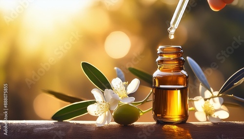 Bach floral, Olea europaea, olive, glass pipette, transparent drop, brown bottle, nature, floral therapy, edward bach, sun, shine, exhaustion following mental or physical effort