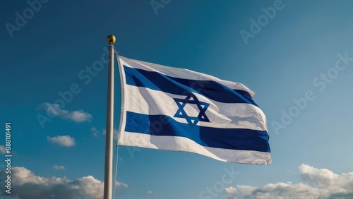 The Israeli flag flutters in the wind against a blue sky