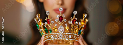 A woman gently holding an ornate, jewel-encrusted crown, symbolizing beauty pageants and regal celebrations, perfect for royal-themed events