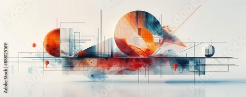 Abstract geometric artwork with circles, lines, and watercolor effects.