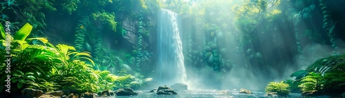 Wideangle view of a tropical waterfall surrounded by lush greenery Cascading water in a jungle paradise