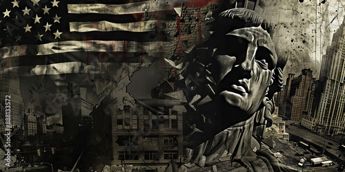 The Fracturing Empire: Broken statues, crumbling buildings, and a lone American flag.