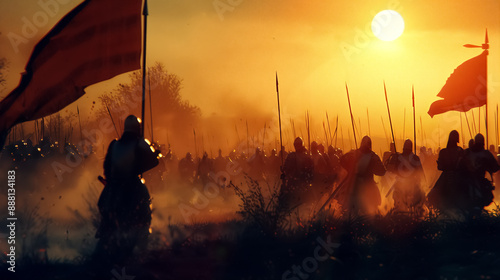 Medieval warriors holding flags during a battle at sunset, creating a dramatic and historical scene. high quality