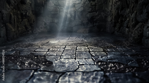 Mysterious dark dungeon with stone floor illuminated by a single beam of light through cracks. Gothic medieval architecture. high quality