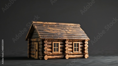 Charcoal background with a log cabin shown from a perpendicular angle.