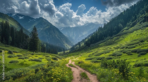 A hiking trail leading through a picturesque mountain landscape