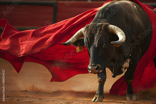 Bull in bullfight arena with red cloth