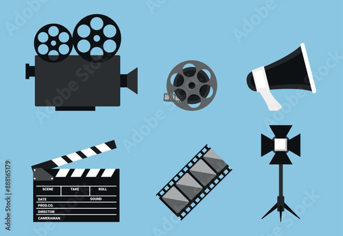 Cinema icons. Filmmaking equipment icon set. Video camera, film reel, clapperboard, film strip, loudspeaker, light projector. Vector illustration in flat style