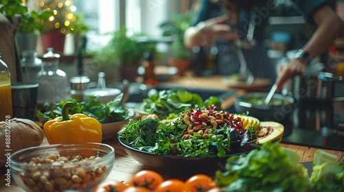 A kitchen countertop filled with ingredients for making a nutritious salad, featuring a variety of fresh fruits, nuts, grains, and greens, with a person in the background preparing the salad