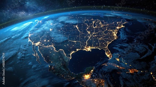 United States and North America from space at night with city lights showing human activity.