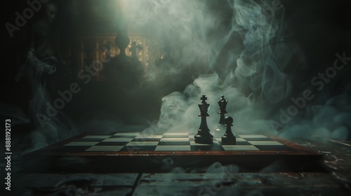 Chessboard in smoke and shadows. A mysterious chessboard sits in a shadowy, smoke-filled room, with the pieces ready for battle.