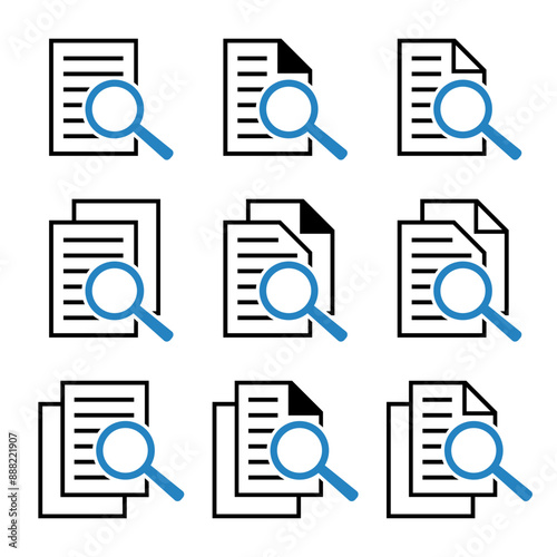 Dokument z lupą. Ikona kontroli i wyszukiwania dokumentów.