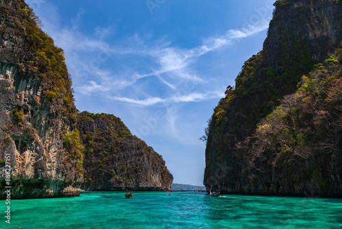 Traditional longtail boat in Maya bay on Koh Phi Phi Leh Island, Krabi, Thailand