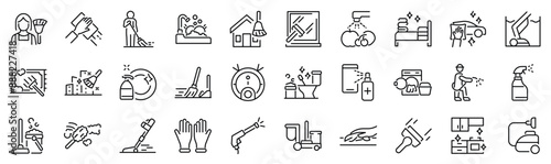 Set of 30 outline icons related to cleaning, washing. Linear icon collection. Editable stroke. Vector illustration