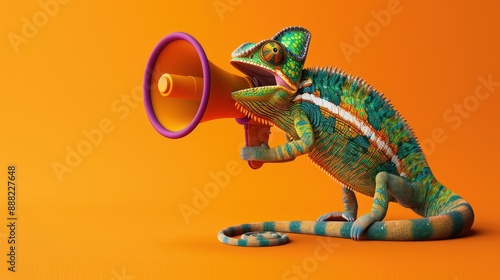 Creative announcement concept. A vibrant chameleon appears to be shouting into a megaphone against a solid orange background, showcasing a playful mix of wildlife