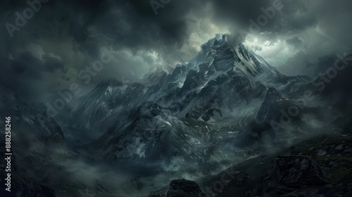 Majestic Dark Mountain Landscape under Foreboding Sky in Wilderness